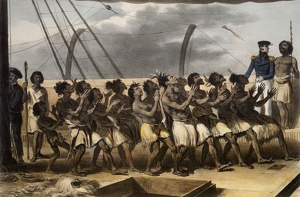 Māori men and women on board Astrolabe performing a dance, with a French officer at right.