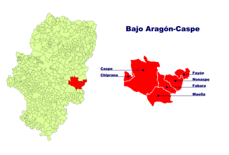 Location of Bajo Aragón-Caspe in Aragon and Laghe of the associated municipalities