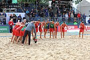 Deutsch: Beachhandball Europameisterschaften 2019 (Beach handball Euro); Tag 6: 7. Juli 2019 – Spiel um Platz Drei, Männer, Ungarn-Russland 2:0 (26:20, 23:22) English: Beach handball Euro; Day 6: 7 July 2019 – Men's Bronze Medal Match – Hungary-Russia 2:0 (26:20, 23:22)