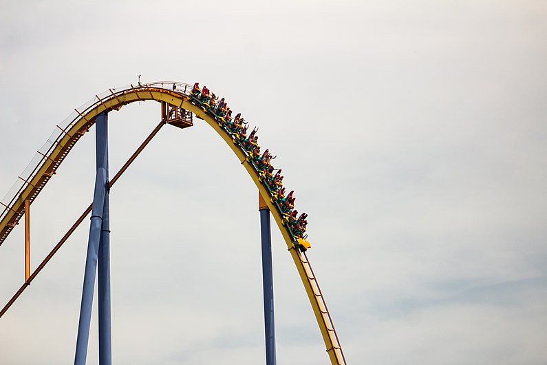 Behemoth roller coaster descending, August 2018.jpg