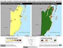 Belize population density and low elevation coastal zones. Belize City is especially vulnerable to sea level rise. Belize Population Density and Low Elevation Coastal Zones (5457913240).jpg