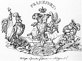 Federlithographie. Aus: Der Gukkasten, Bern, 28. Oktober 1848. Links der gallische Hahn, rechts ein Schweizer Landsknecht, dazwischen eine Karikatur des Doppeladlers, der die Frankfurter Nationalversammlung symbolisiert.