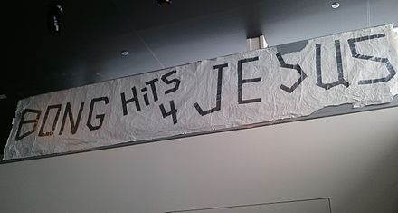 Original "BONG HITS FOR JESUS" banner now hanging in the Newseum in Washington, D.C.