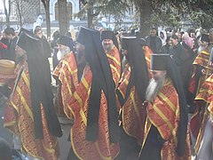 Priests in the pascal procession on Bright Tuesday (Easter Tuesday) at the Trinity Lavra of St. Sergius in Sergiev Posad, Russia