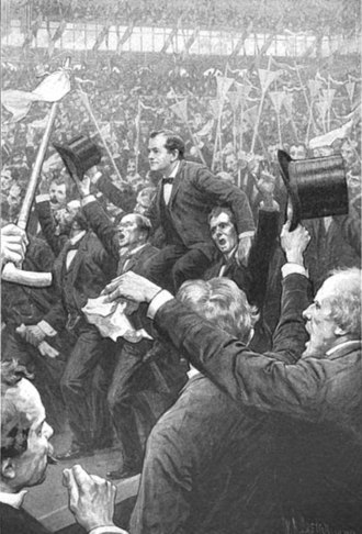 The 1896 presidential nomination of William Jennings Bryan served to alarm British interests, who saw his opposition to the gold standard as a threat to the London-based systems of international trade and finance. Bryan after speech.jpg