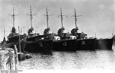 Tiger (TG), Luchs (LU), Jaguar (JA) and Iltis (IT) at anchor, c. 1934