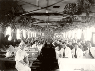 The Civilian Conservation Corps (CCC) Christmas dinner, 1933. Camp Green, a CCC camp, was located in the Wrightville area of Middlesex. Corps members built the flood control dam there. CCCcampGreen.png