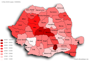 COVID-19 outbreak Romania per capita cases map.svg