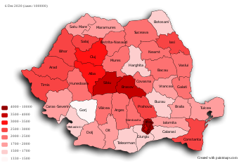 COVID-19 outbreak Romania per capita cases map.svg