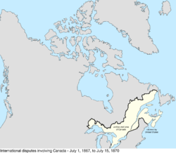 Kart over de internasjonale tvister som involverte Canada fra 1. juli 1867 til 15. juli 1870