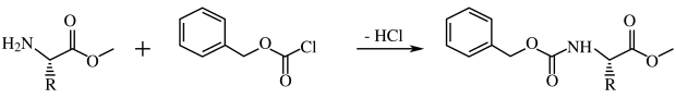 Introduction of the Z protecting group from reaction with benzyl chloroformate (Z-chloride) Cbz to protect N-terminus.svg