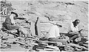 Charles Doolittle Walcott seen excavating the Burgess shale (near Field, British Columbia) with his wife Helen and son Sidney, in the quarry which now bears his name. Charles Doolittle Walcott (1850-1927), Sidney Stevens Walcott (1892-1977), and Helen Breese Walcott (1894-1965).jpg