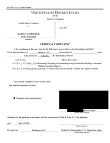 Chicago Police officer Karol Chwiesiuk was arrested on June 11, 2021, for his involvement in the Capitol attack. Chwiesiuk complaint affidavit 0.pdf