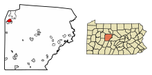 Clearfield County Pennsylvania beépített és be nem épített területek DuBois Highlighted.svg
