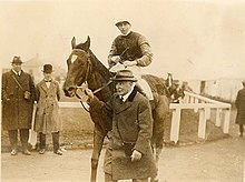 Winning Irish horse Clonespoe at the Curragh in 1924, ridden by J. Moylan Clonespoe (6363429223).jpg