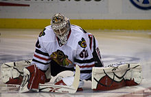 Crawford warming up before a game in February 2011 Corey Crawford Scottrade Center 2011.jpg