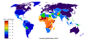 Коефициент на раждаемостта в страните по света през 2014 г. (данни на CIA World Factbook)