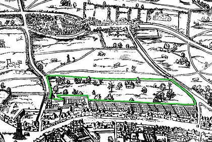 Covent Garden on the "Woodcut" map of the 1560s, with surrounding wall marked in green Covent Garden from the Ralph Agas 1572 map of London - marked.jpg