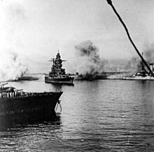 Strasbourg slips her moorings and makes for open water while under fire from the British Force H Croiseur de bataille Strasbourg 03-07-1940.jpg