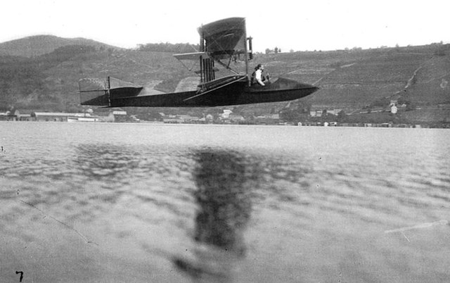 First successful flight of the Curtiss Flying Fish over Keuka Lake, July 1912.