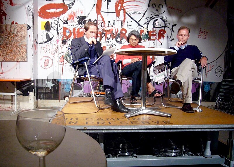 File:David Woodard, Ma Anand Sheela and Christian Kracht reading at Cabaret Voltaire at Zürich.jpg