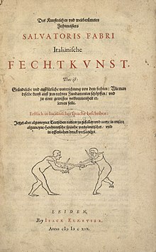 German language book about fencing published in Leiden by Isack Elzevier in 1619 De Fechten (Fabri) p 001.jpg