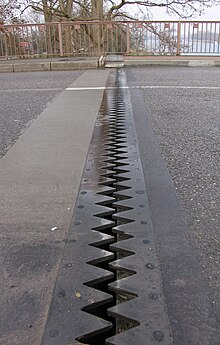 Expansion joint in a road bridge used to avoid damage from thermal expansion. Dehnungsfuge.jpg