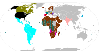 The Disney Channel in different version around the world, each represented by one colour. Disney Channel feeds around the world.svg