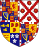Quarterly: 1st and 4th grand quarters, the Royal Arms of Charles II (viz. quarterly: 1st and 4th, France and England quarterly; 2nd, Scotland; 3rd, Ireland); the whole within a bordure company argent charged with roses gules barbed and seeded proper and the last; overall an escutcheon gules charged with three buckles or (the Dukedom of Aubigny); 2nd grand quarter, argent a saltire engrailed gules between four roses of the second barbed and seeded proper (Lennox); 3rd grand quarter, quarterly, 1st, azure three boars' heads couped or (Gordon); 2nd, or three lions' heads erased gules (Badenoch); 3rd, or three crescents within a double tressure flory counter-flory gules (Seton); 4th, azure three cinquefoils argent (Fraser).