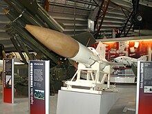 The English Electric Thunderbird surface-to-air missile on display in the National Cold War Exhibition hall EEThunderbird.JPG