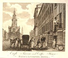 Print of engraving Eagle Tavern and Coffee House in The Strand, London by Peter Mazell after? William Miller, c 1780. Eagle Tavern and Coffee House - Crace XVII.149 - engraved by Peter Mazell.jpg