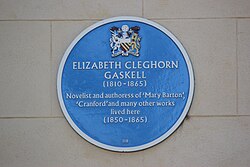 A plaque in honour of Elizabeth Gaskell adorns the front of the house Elizabeth Gaskell blue plaque.JPG