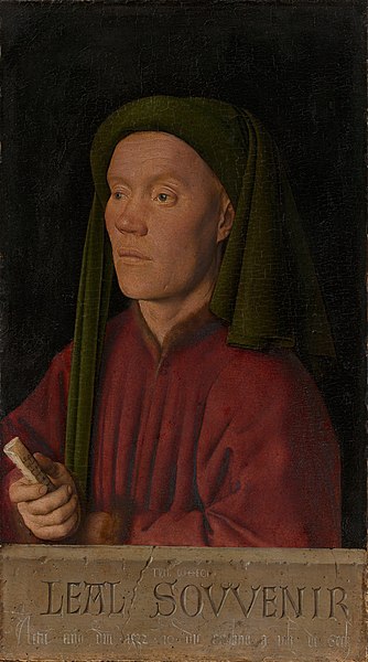Léal Souvenir by Jan van Eyck (1432). According to Erwin Panofsky, this could be the likeness of Binchois, though this is disputed