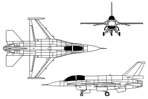 Orthographically projected diagram of the F-16.