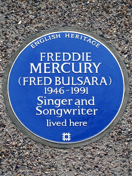 English Heritage blue plaque at 22 Gladstone Avenue, Feltham, London, commemorating Freddie Mercury (erected 2016)