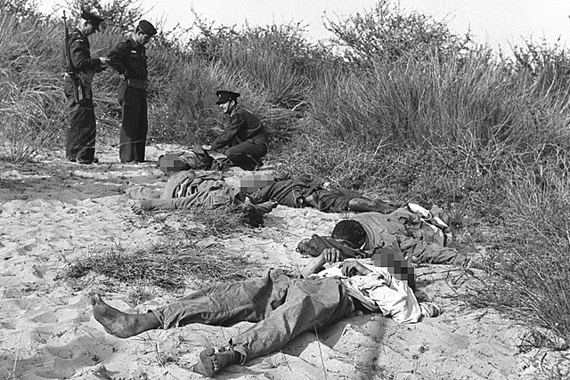 Israeli policemen inspecting the bodies of 5 fedayeen killed near Nir Galim, 1956