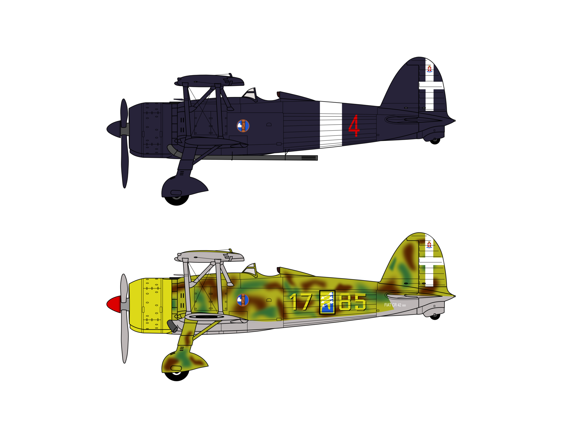 Due profili di CR 42 - in alto, un Falco della versione CN da caccia notturna