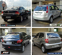 Typical Brazilian "flex" models from several car makers, that run on any blend of ethanol and gasoline. Four Brazilian full flex-fuel automoviles 05 2008.jpg