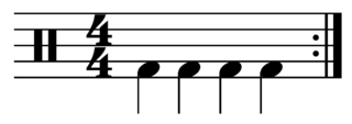 <span class="mw-page-title-main">Four on the floor (music)</span> Rhythm used in contemporary music