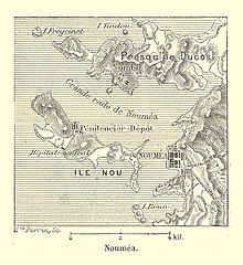 Nouméa 1894 mit dem Straflager auf der Insel Nou