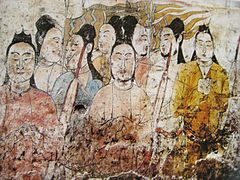 Xianbei men wearing quekua in the form yuanlingpao, Fresco from the Tomb of Lou Rui, Northern Qi (550-577 AD)