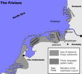 Frisian historical settlement areas, showing areas where a Frisian language is spoken today