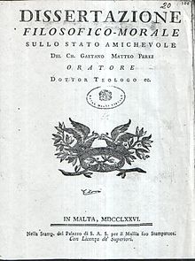 Dissertazione Filosofico-Morale sullo Stato Amichevole (1776) of Gaetanus Matthew Perez Gaetanus Matthew Perez - Dissertazione.jpg