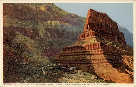 Fred Harvey postcard, The Towering Cliffs above Hermit Camp