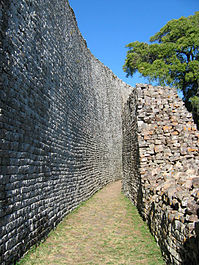 Partially damaged passageway in the Great Enclosure of Great Zimbabwe. Great zimbabwe 2.jpg