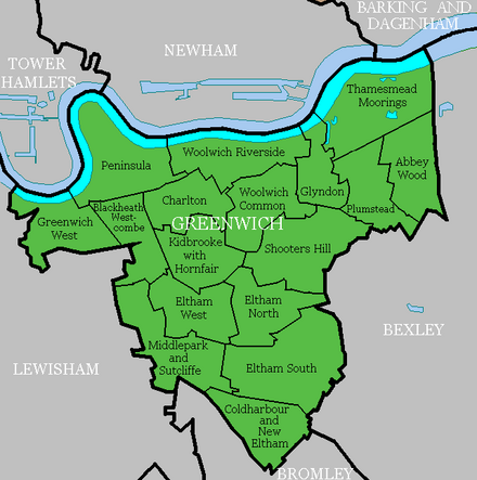 Map showing the borders of London Borough of Greenwich and its 17 wards