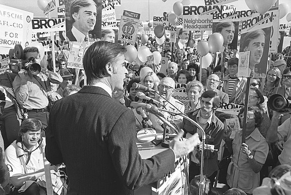 Brown speaking with supporters in 1974.