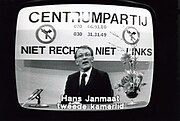 Hans Janmaat, leader of the Centre Party, during a television broadcast for political parties (February 1984). Hans Janmaat, fractievoorzitter van de centrumpartij, tijdens een televisie-uitzending in de zendtijd voor politieke part - SFA002005216.jpg