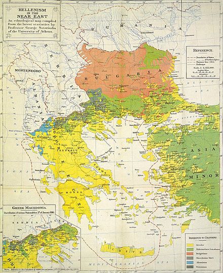 Hellenism in Near East during and after World War I, showing some of the areas (Western Anatolia and Eastern Thrace) where the Greek population was concentrated. The Pontic region is not shown.