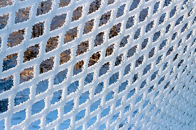 Hoar frost on a soccer goal post net at Brastad Arena, Brastad